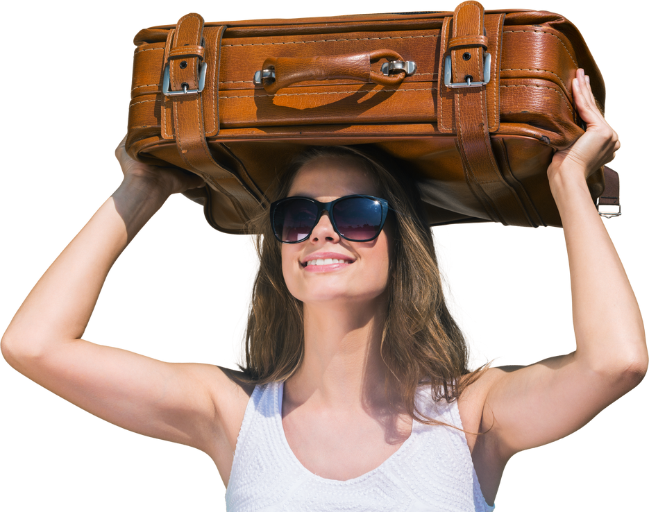 Woman Carrying Suitcase on Her Head Isolated